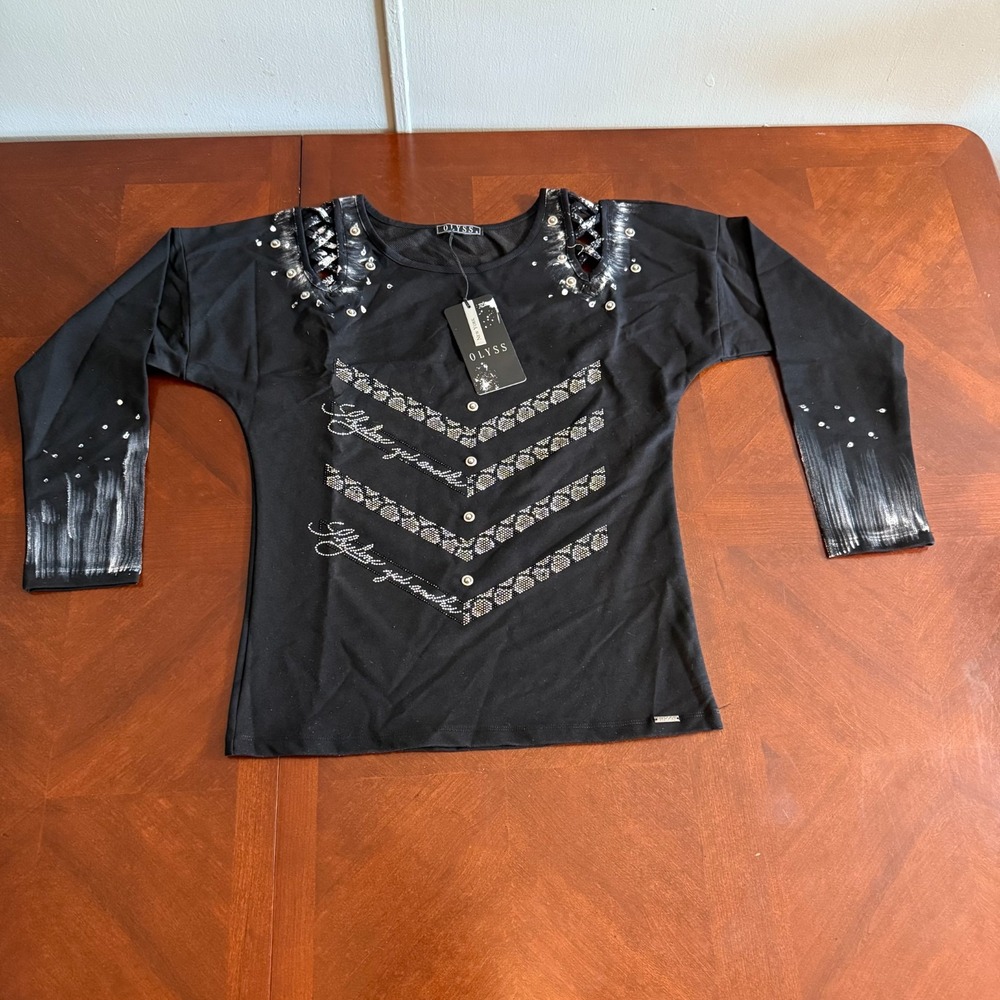 Women's black long-sleeve top  white and‎ silver embellishments Small By Olyss